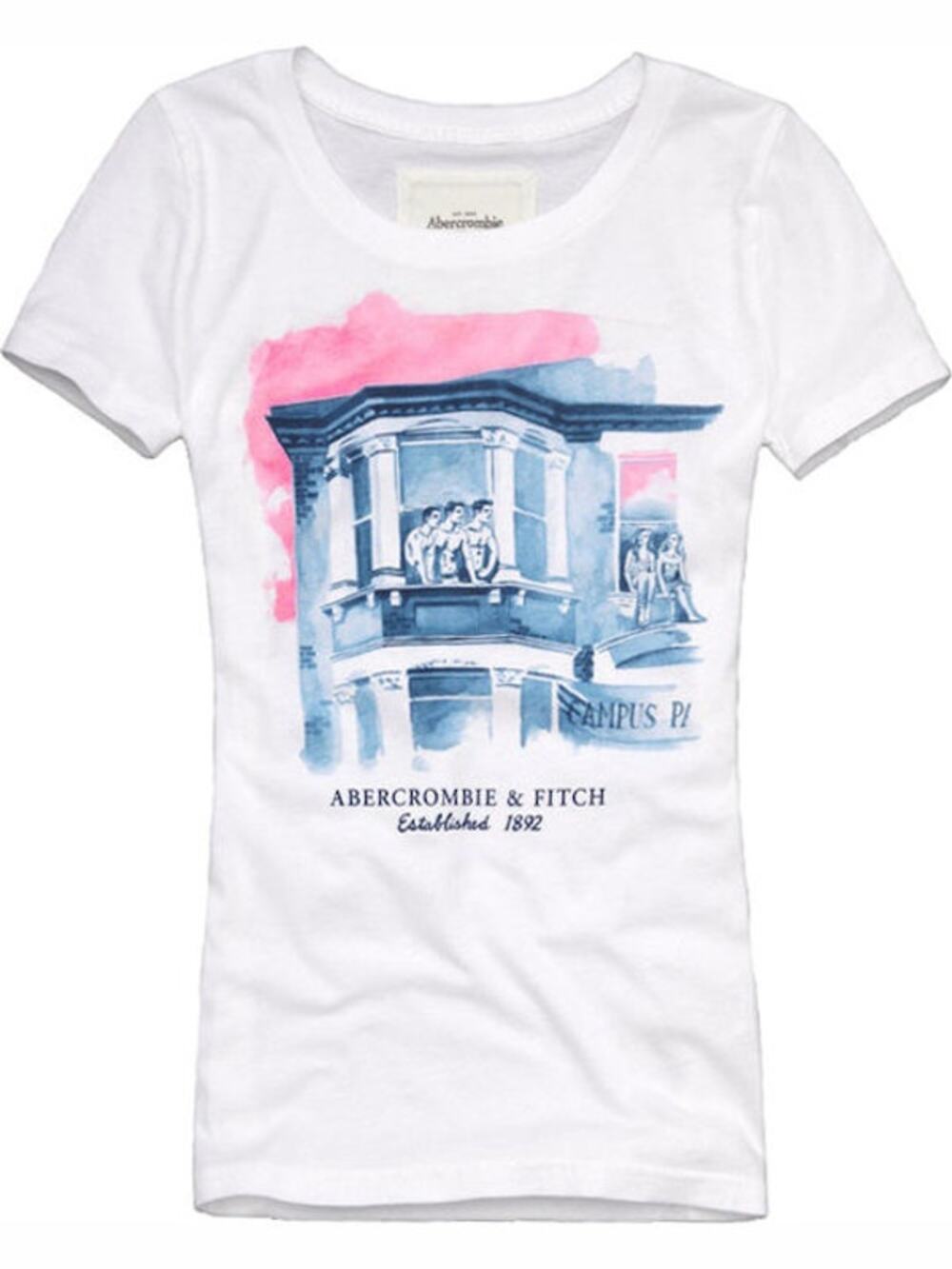 ABERCROMBIE & FITCH 100% Cotton Watercolor Campus Print T-shirt White Pink Blu M